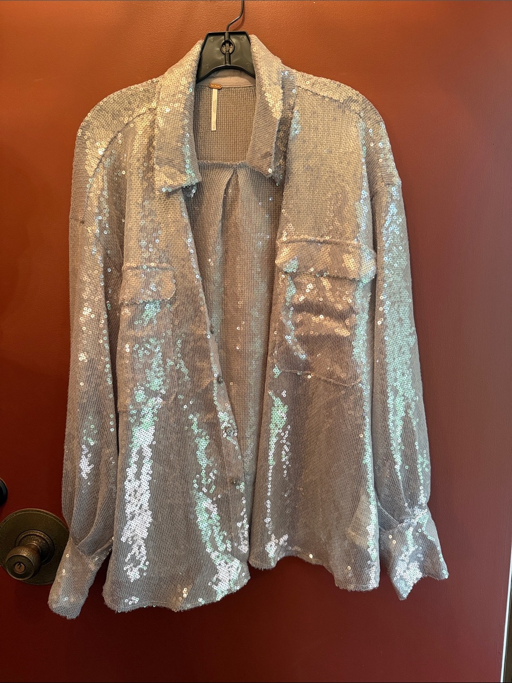 Free People Sequin Button-Front Women's Top — Silver Shimmer